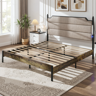 Sunvega Queen Size Bed Frame with Upholstered Headboard and Charging Station