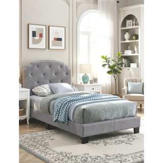 Sunvega Light Gray Finish Twin Size Burlap Fabric Button Tufted Headboard Bed