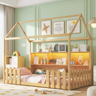 Sunvega Twin House Bed with LED Light Storage Bookshelf Guardrails for Kids Navy Blue
