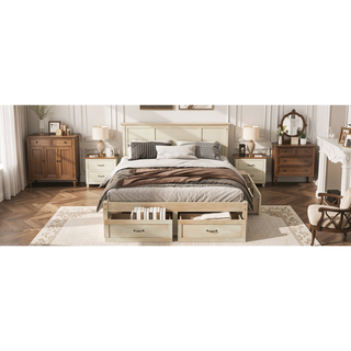 Sunvega Antique Natural Queen Size Platform Bed with 6 Spacious Storage Drawers