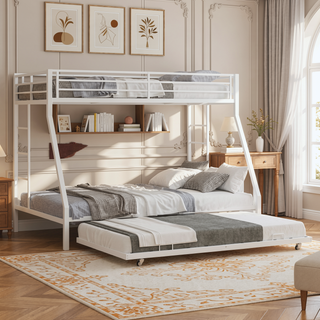 Sunvega High-Stability Square Tube Bunk Bed with Ladder & Rolling Trundle for Home Dormitory