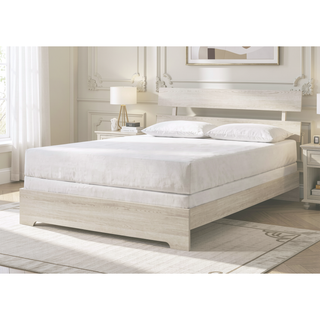 Sunvega Rustic Contemporary Platform Bed Frame with White Wash Finish and Slat Headboard