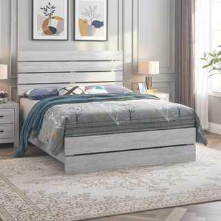 Sunvega Barrel Oak Slatted Headboard Queen Panel Bed with Matching Footboard