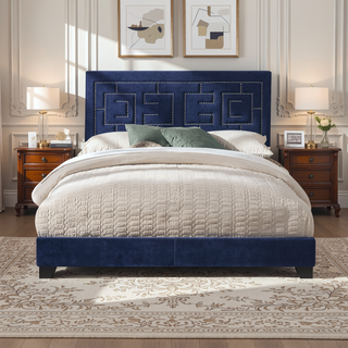 Sunvega Dark Blue Eastern King Panel Bed with Nailhead Trim and Padded Design