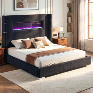 Sunvega Queen Size Upholstered Wingback Panel Bed with Black Corduroy and Flame Box