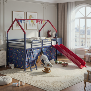Sunvega Marvel Superhero Metal Twin Loft Bed with Slide and Curtain Set