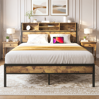 Sunvega Twin Size Bed Frame with Storage Headboard, Charging Station, and Bookcase