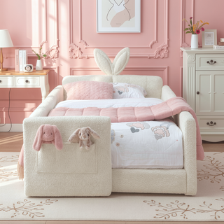 Sunvega Twin Size Upholstered Platform Bed with Cute Rabbit Ear Shaped Headboard