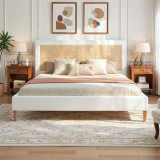 Sunvega Antique White Polyester Upholstered Cane-Back Platform Bed with Birch Frame