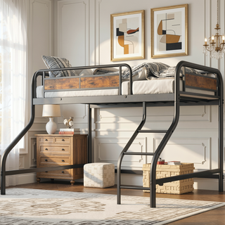 Sunvega Low Loft Bed Twin with Stairs Guardrail for Small Bedroom Spaces