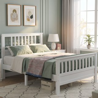 Sunvega White Wood Platform Bed with Headboard Footboard and Slat Support