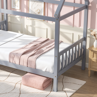 Sunvega Twin Rubber Wood House Bed with Headboard and Footboard in Light Grey
