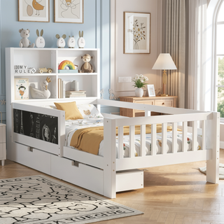 Sunvega Twin Solid Wood Platform Bed with Chalkboard Headboard and Storage Drawers