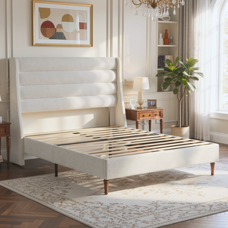 Sunvega Upholstered Queen Size Bed Frame with Wave - Shaped Headboard Premium Chenille Fabric