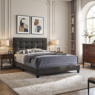 Sunvega Destiny Beige Upholstered Eastern King Panel Bed with Headboard and Footboard