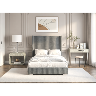 Sunvega Contemporary White Fur Chenille Fabric Mattress Ready Queen Size Bed