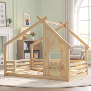 Sunvega White Twin House Floor Bed with Window and Shelf for Kids Room