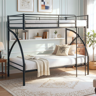 Sunvega Gray Metal Twin/Full Bunk Bed with Guard Rails and Ladder