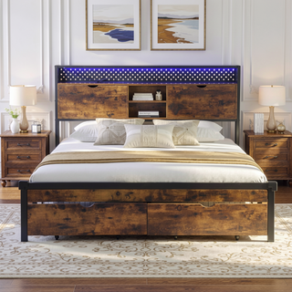 Sunvega Full Size Metal Platform Bed Frame with Wooden Headboard and Footboard