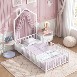 Sunvega White Twin Size House Platform Bed with Guardrail and Chimney