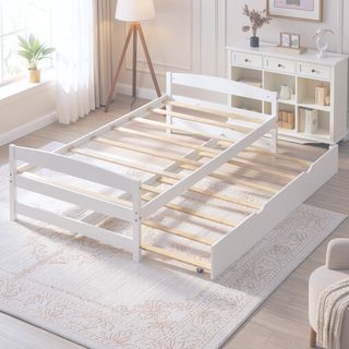 Sunvega White Twin Size Platform Bed with Trundle and Headboard Footboard