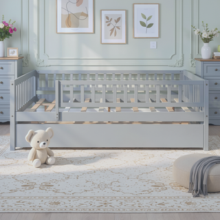 Sunvega Natural Twin Size Wood Daybed with Trundle and Fence Guardrails