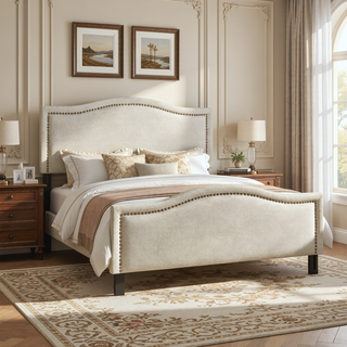 Sunvega Nailhead Trim Upholstery Headboard with Black Metal Adjustable Legs