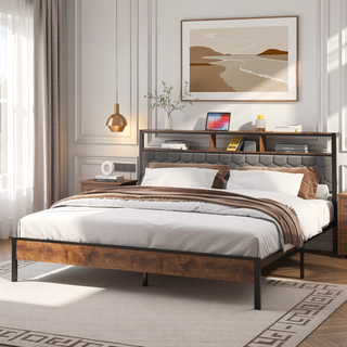 Sunvega Queen Bed Frame with Vintage Shelf Headboard and USB Charging Station
