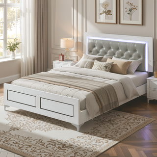 Sunvega Contemporary White Queen Size Platform Bed with LED Light Headboard
