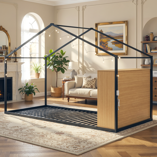 Sunvega Twin Size Black Metal House Bed Frame with Shelves and LED Lights