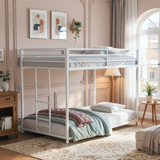 Sunvega Low Bunk Bed with Reversible Ladder and Full Metal Construction in Matte White