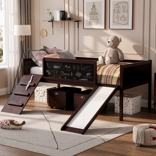 Sunvega Twin Size Pine Wood Loft Bed with Climbing Frame and Slide
