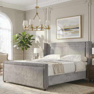 Sunvega Silver Grey Polyester Upholstered King Bed with Iron Nailhead Accents