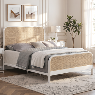 Sunvega Modern Rattan Woven Design Metal Queen Bed Frame with Powder Coated