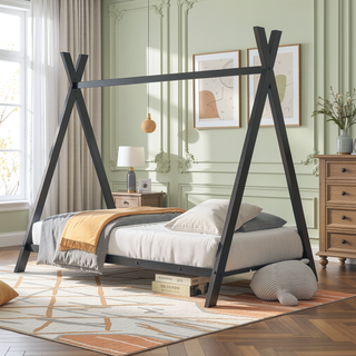 Sunvega Pink Twin Size Metal House Bed Frame with Slat Base for Kids