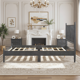 Sunvega Mid-Century Modern Design Full Platform Bed with Vertical Slats Headboard