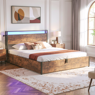 Sunvega Full Size Lift Up Storage Bed Frame with Bookcase Headboard and LED Lights