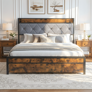 Sunvega King Bed Frame with Storage Headboard LED Lights and USB Charging Station