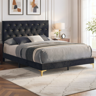 Sunvega Queen Panel Bed with Diamond Tufted Headboard and Gold Legs