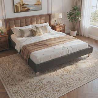 Sunvega Easy Assembly Modern Faux-Wood Legs Fabric Covered Twin Bed Frame