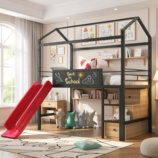 Sunvega Twin Size Metal Loft Bed with Slide and Two-Sided Writable Wooden Board