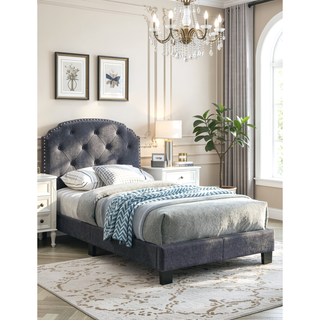 Sunvega Queen Size Charcoal Burlap Button Tufted Headboard Bed with Nailhead Trim