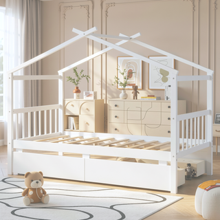 Sunvega Twin Size Wooden House Bed with Drawers and Headboard for Kids Room