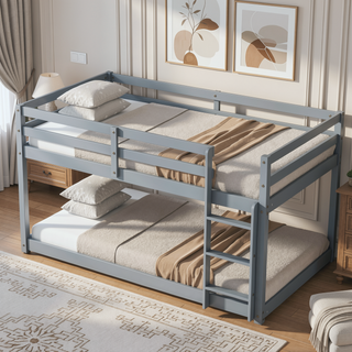 Sunvega Twin over Twin Floor Bunk Bed with Ladder and Strengthened Slats in Espresso
