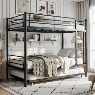 Sunvega Twin Metal Bunk Bed with Trundle Ladder and Full-Length Guardrail
