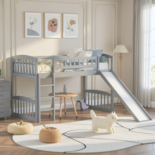 Sunvega Twin Size Loft Bed with Slide and Ladder for Kids Bedroom in Gray