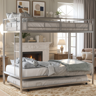 Sunvega Twin over Twin Bunk Bed with Trundle in White for Small Spaces