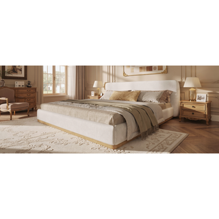 Sunvega Upholstered King Bed With Solid Wood Frame And Wooden Slatted Base White