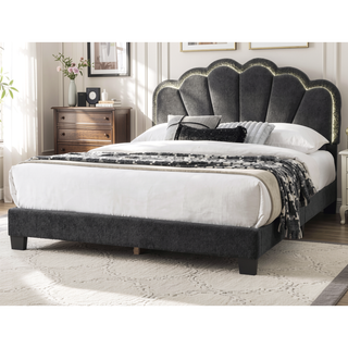 Sunvega Queen Size Upholstered Platform Bed with Floral Headboard and LED Lights