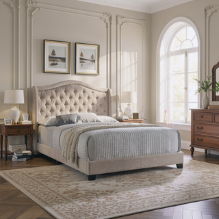 Sunvega Upholstered Eastern King Bed with Tufted Camel Back Headboard and Nailhead Trim